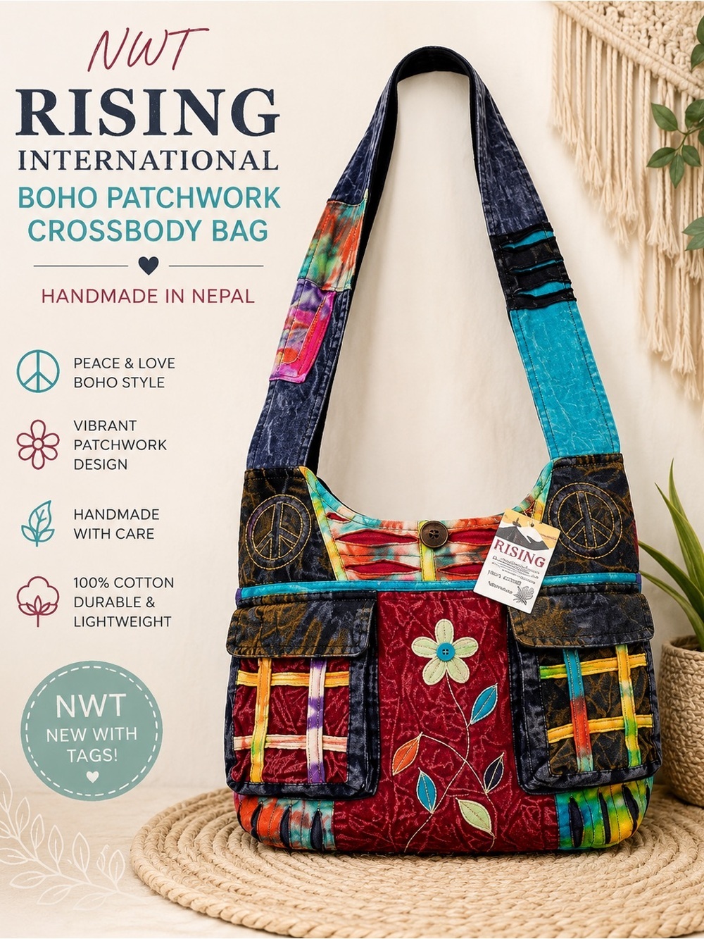 🌼 NWT Rising International Boho Patchwork Crossbody Bag | Handmade in Nepal